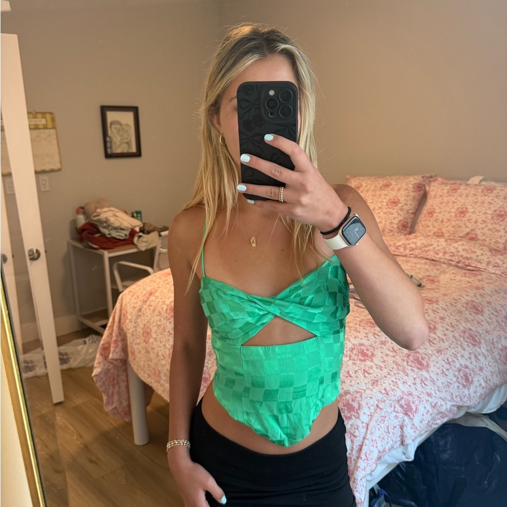 Zara Green Checkered Satin Crop Top with Twist Front